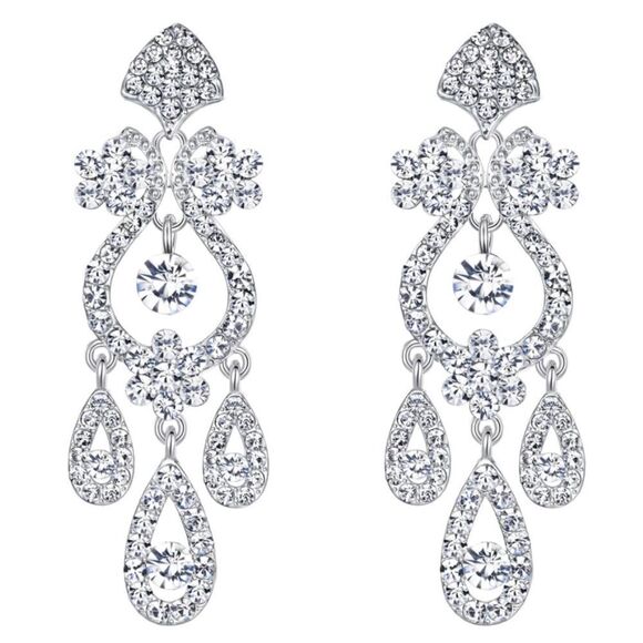 Silver with White Diamond Austrian Crystal Flower Vase Chandelier Post Earrings